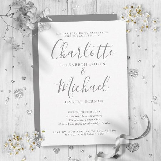 Elegante grijze signature script verlovingsfeest  kaart