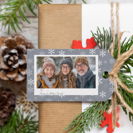 Elegante Grijze Sneeuwvlokken Fotovakantie Cadeaulabel