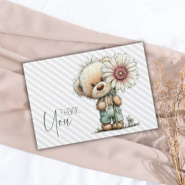 Elegante Grijze Strepen Teddy Daisy Jongens Babyfe Bedankkaart