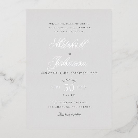 Elegante grijze trouw zilver folie uitnodiging (Voorkant)