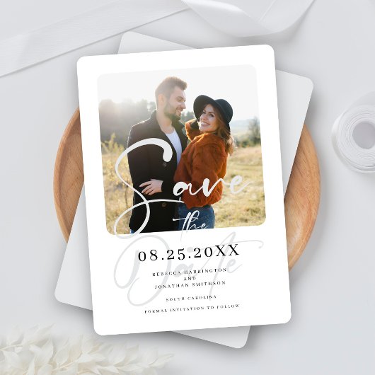 Elegante grijze trouwfoto Sla de datum op Save The Date