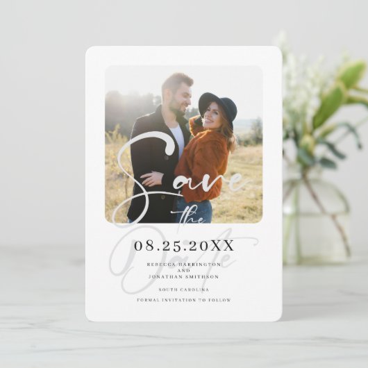 Elegante grijze trouwfoto Sla de datum op Save The Date (Staand voorkant)