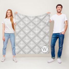 Elegante Grijze & Witte Nautische Ankers | Monogra Fleece Deken