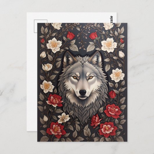Elegante Grijze Wolf Bloemen Briefkaart (Voorkant / Achterkant)