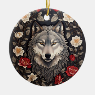 Elegante Grijze Wolf Bloemen Keramisch Ornament