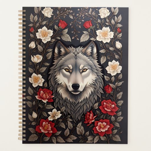 Elegante Grijze Wolf Bloemen Planner (Voorkant)