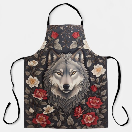 Elegante Grijze Wolf Bloemen Schort (Voorkant)