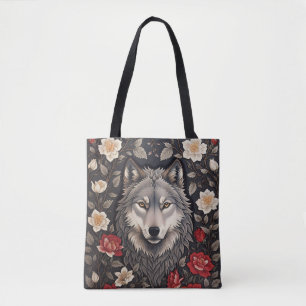 Elegante Grijze Wolf Bloemen Tote Bag