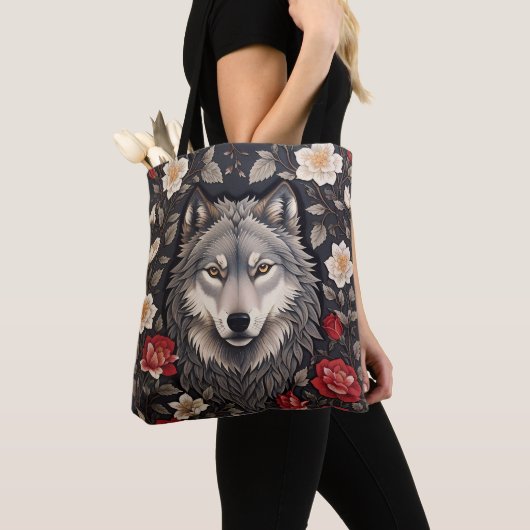 Elegante Grijze Wolf Bloemen Tote Bag (Dichtbij)