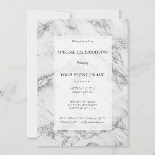 Elegante grijze zilveren glinster marmeren eveneme kaart (Voorkant)