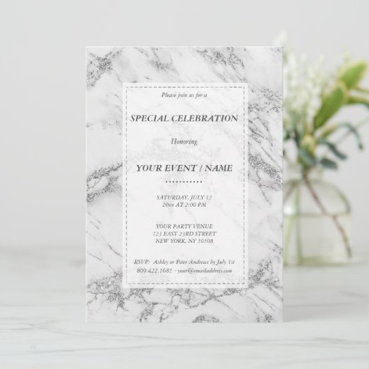 Elegante grijze zilveren glinster marmeren eveneme kaart (Staand voorkant)