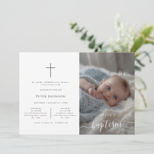 Elegante grillen kalligrafie formele doop foto kaart (Staand voorkant)