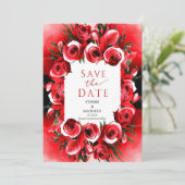 Elegante grillige Crimson rode rozen bruiloft Save The Date (Staand voorkant)