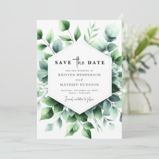 Elegante grillige eucalyptus digitale bruiloft save the date (Staand voorkant)