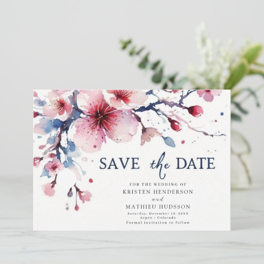 Elegante grillige kersenbloesem bruiloft save the date (Staand voorkant)