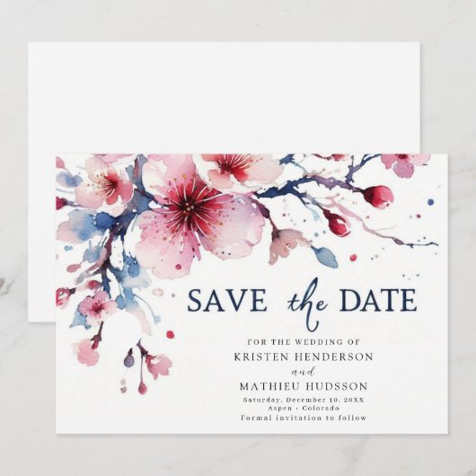 Elegante grillige kersenbloesem bruiloft save the date (Voorkant / Achterkant)