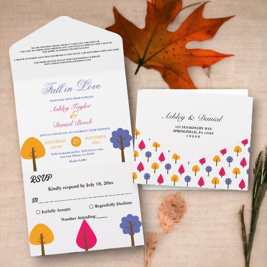 Elegante grillige kleurrijke rustieke herfst bruil all in one uitnodiging