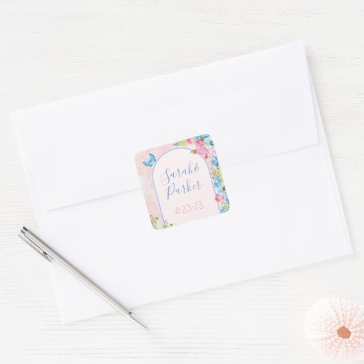 Elegante grillige lente bloemen bruiloft vierkante sticker (Envelop)