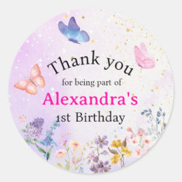 Elegante grillige roze & paarse vlinder bloemig ronde sticker