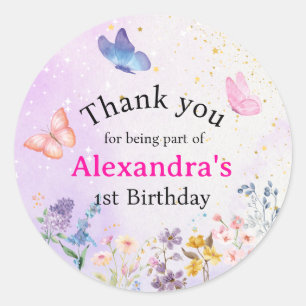 Elegante grillige roze & paarse vlinder bloemig ronde sticker