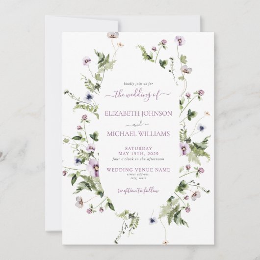 Elegante grillige weide wilde bloemen bruiloft kaart (Voorkant)