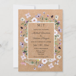 Elegante grillige wilde bloemen kraft bruiloft kaart