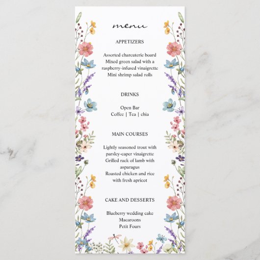 Elegante grillige Wildflower Garden Wedding Menu (Voorkant)