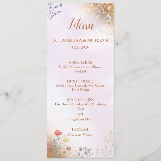 Elegante grillige Wildflower Roze Flat Menu (Voorkant)