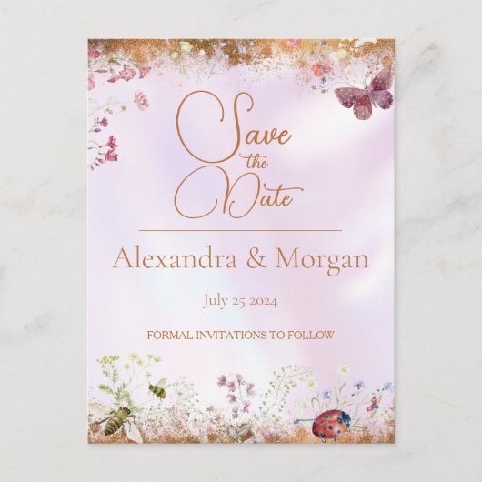 Elegante grillige Wildflower Roze Save The Date Briefkaart (Voorkant)