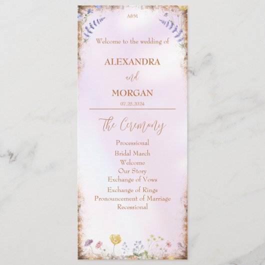 Elegante grillige Wildflower Roze Vlakke Programma Programmakaart (Voorkant)