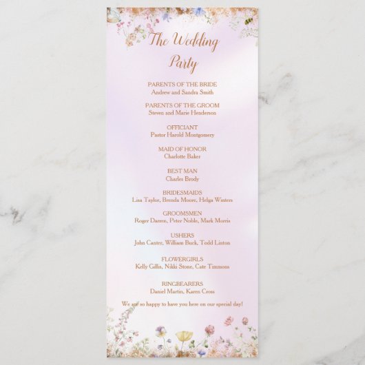 Elegante grillige Wildflower Roze Vlakke Programma Programmakaart (Achterkant)