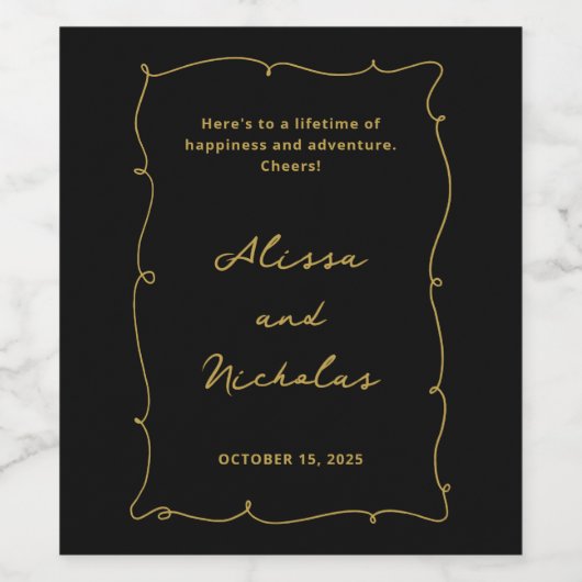 Elegante grillige  zwart en gouden bruiloft wijn etiket (Enkel label)