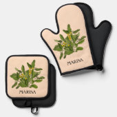 Elegante groen bladeren ovenwanten en pottenhouder ovenwant & pannenlap set (Voorkant / Achterkant)