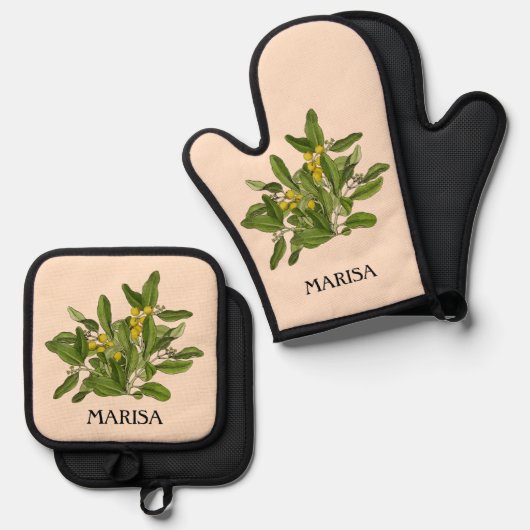 Elegante groen bladeren ovenwanten en pottenhouder ovenwant & pannenlap set (Voorkant / Achterkant)