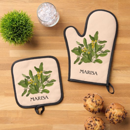 Elegante groen bladeren ovenwanten en pottenhouder ovenwant & pannenlap set (Top down)