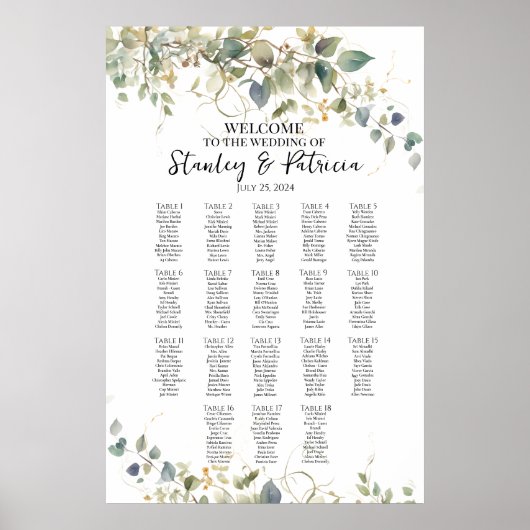 Elegante groen bruiloft zittafel 18 tafels poster (Voorkant)