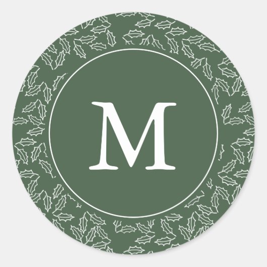 Elegante groen en wit Holly Monogram Vakantie Ronde Sticker (Voorkant)