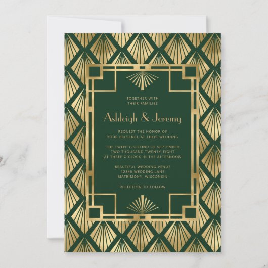 Elegante Groen Goud  Deco Patroon Wedding Kaart (Voorkant)