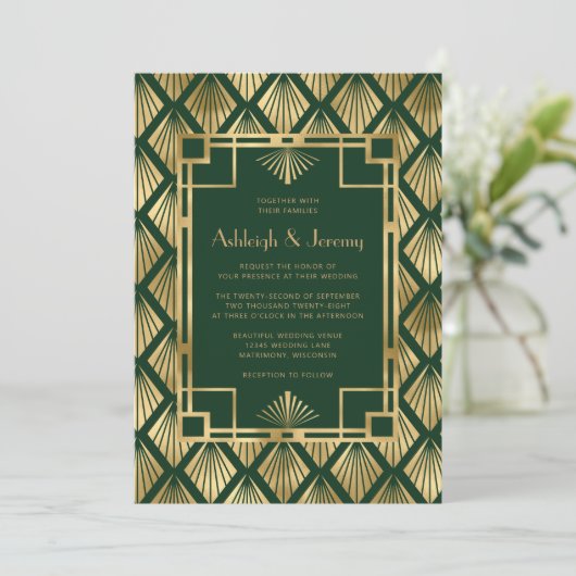 Elegante Groen Goud  Deco Patroon Wedding Kaart (Staand voorkant)