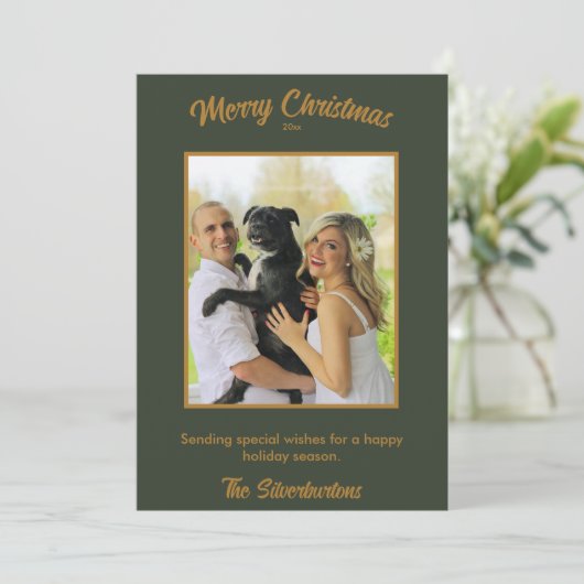 Elegante Groen Goud Familie Foto Kerstmis (Staand voorkant)