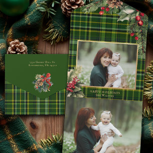 Elegante groen/goud geplakte Holly kerstfoto All In One Uitnodiging