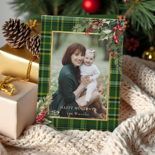 Elegante groen/goud geplakte Holly kerstfoto Feestdagen Kaart