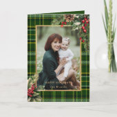 Elegante groen/goud geplakte Holly kerstfoto Feestdagen Kaart (Voorkant)