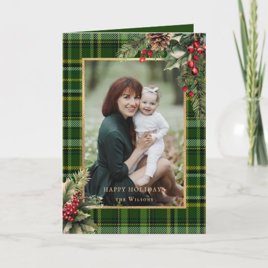 Elegante groen/goud geplakte Holly kerstfoto Feestdagen Kaart (Voorkant)