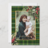 Elegante groen/goud geplakte Holly kerstfoto Feestdagenkaart (Voorkant)