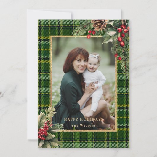 Elegante groen/goud geplakte Holly kerstfoto Feestdagenkaart (Voorkant)