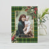 Elegante groen/goud geplakte Holly kerstfoto Feestdagenkaart (Staand voorkant)
