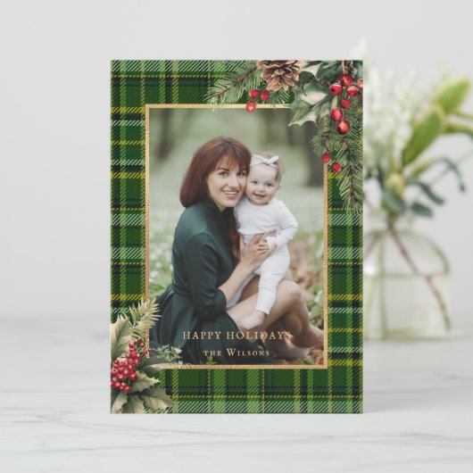 Elegante groen/goud geplakte Holly kerstfoto Feestdagenkaart (Staand voorkant)