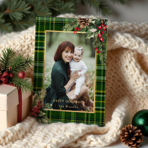 Elegante groen/goud geplakte Holly kerstfoto Feestdagenkaart