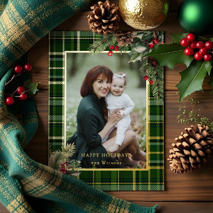 Elegante groen/goud geplakte Holly kerstfoto Folie Feestdagenkaart